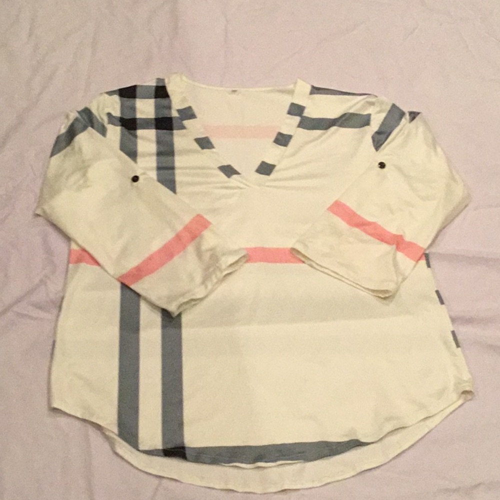 XL pink & gray on white striped top